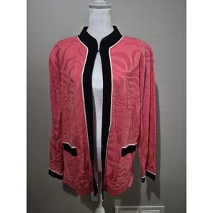 Ming Wang Jacket Cardigan Large Black Pink Open Front Career Mature Boho Artsy